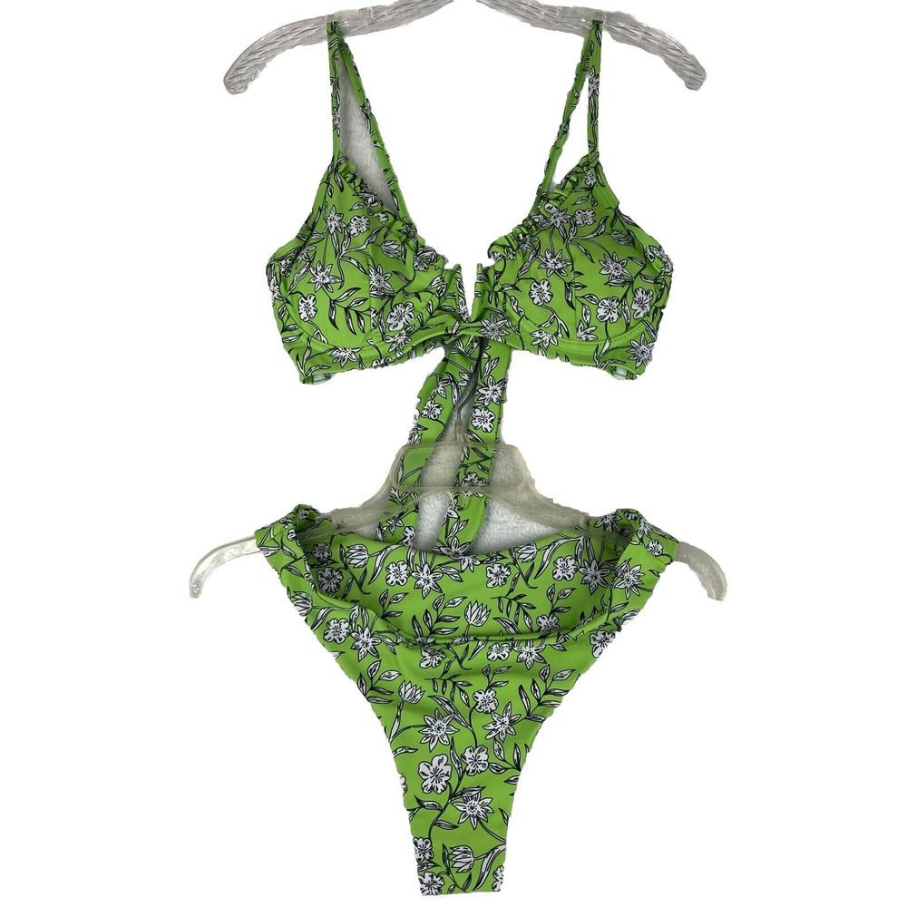 ZAFUL Women's Bikini Green With Black Flower Print Size Small‎